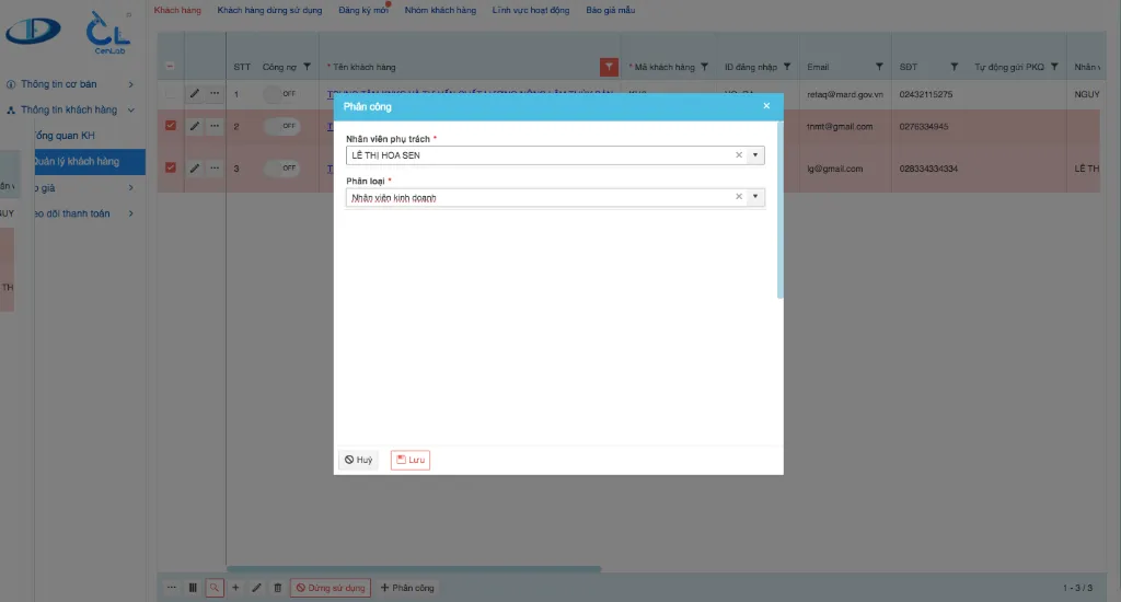 CENLAB – Phân bổ nhân sự phụ trách