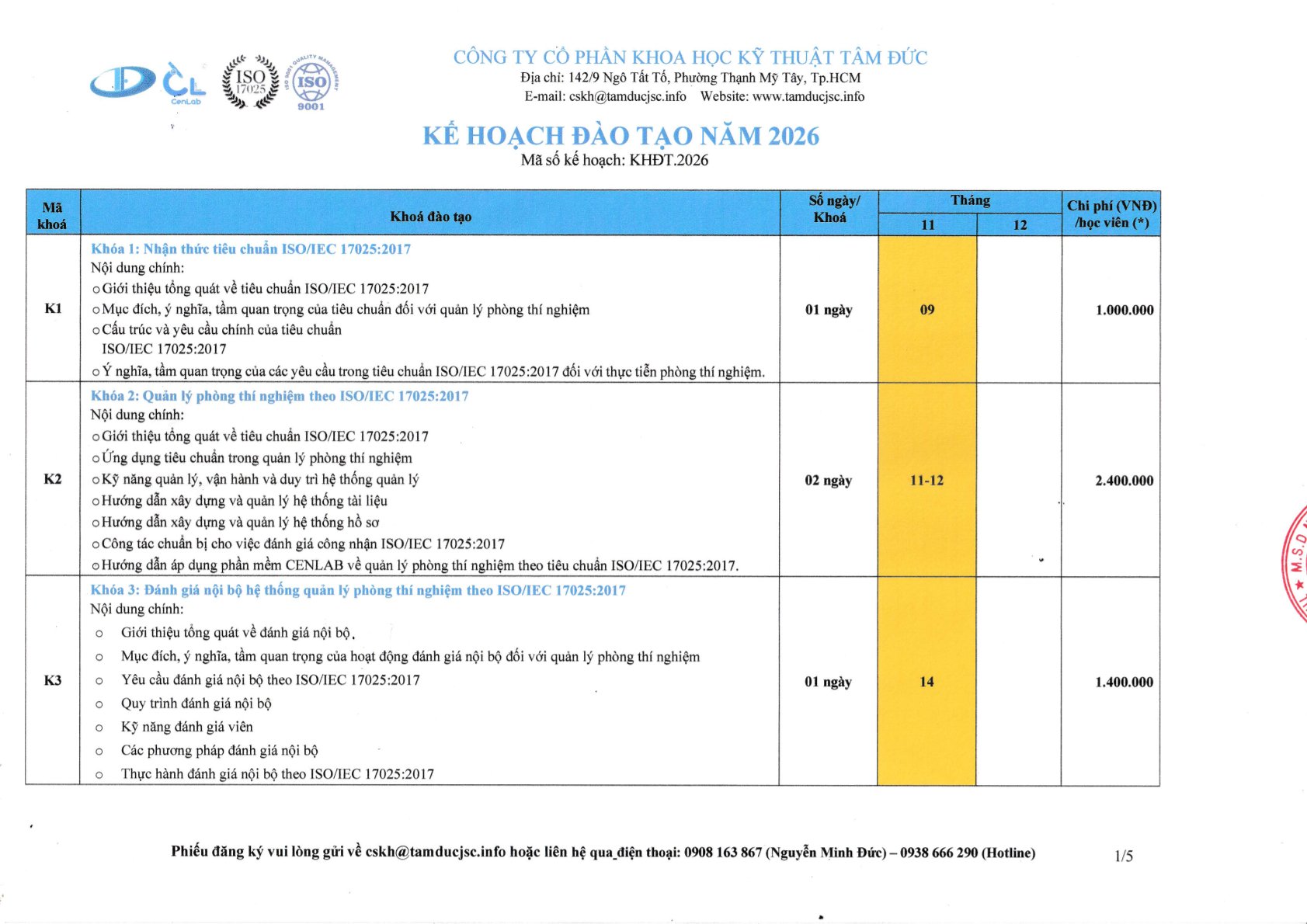 Kế hoạch đào tạo Tâm Đức tháng 11–12/2026 - trang 1